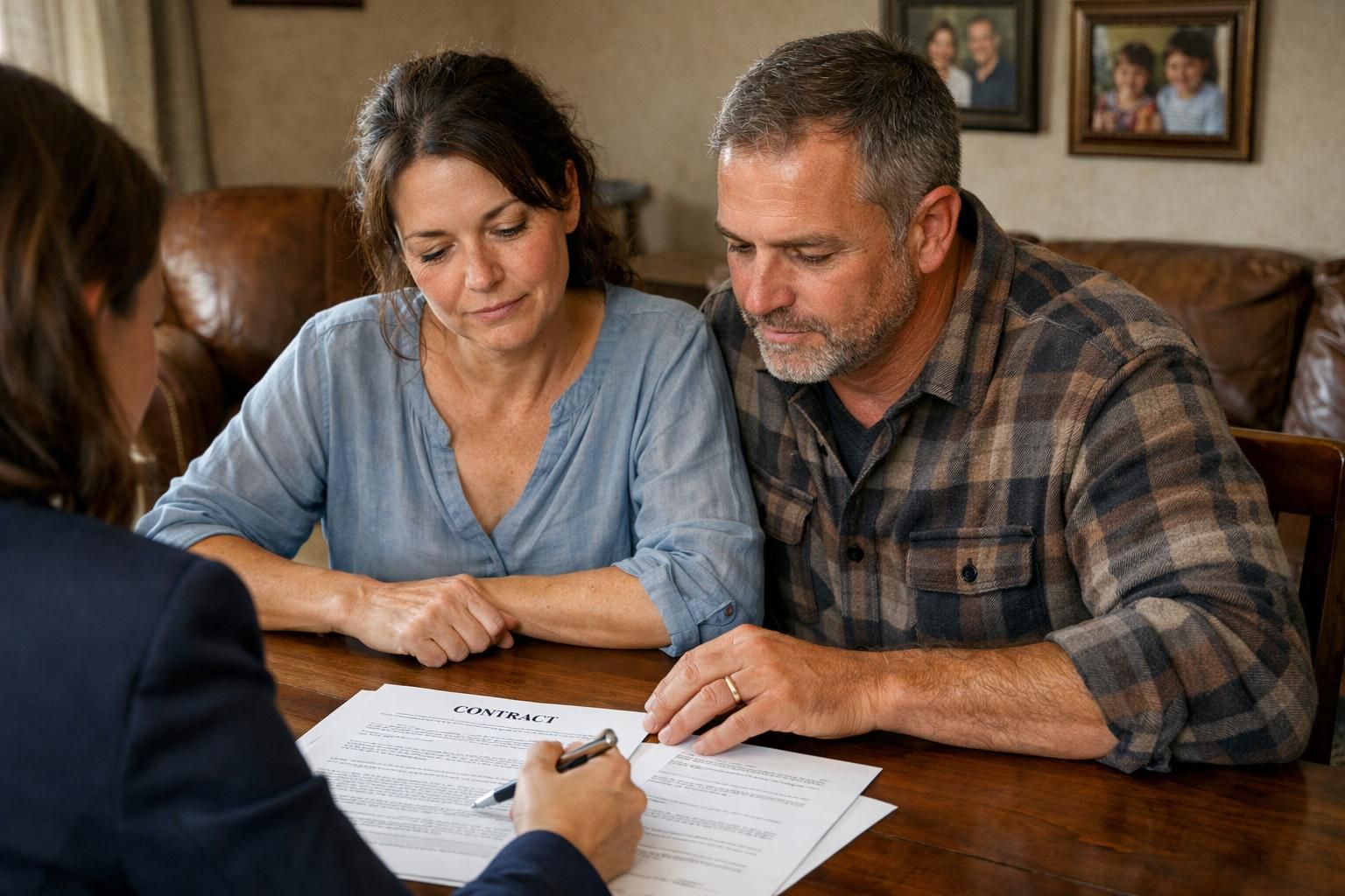 A couple reviews legal documents with a real estate agent at home.