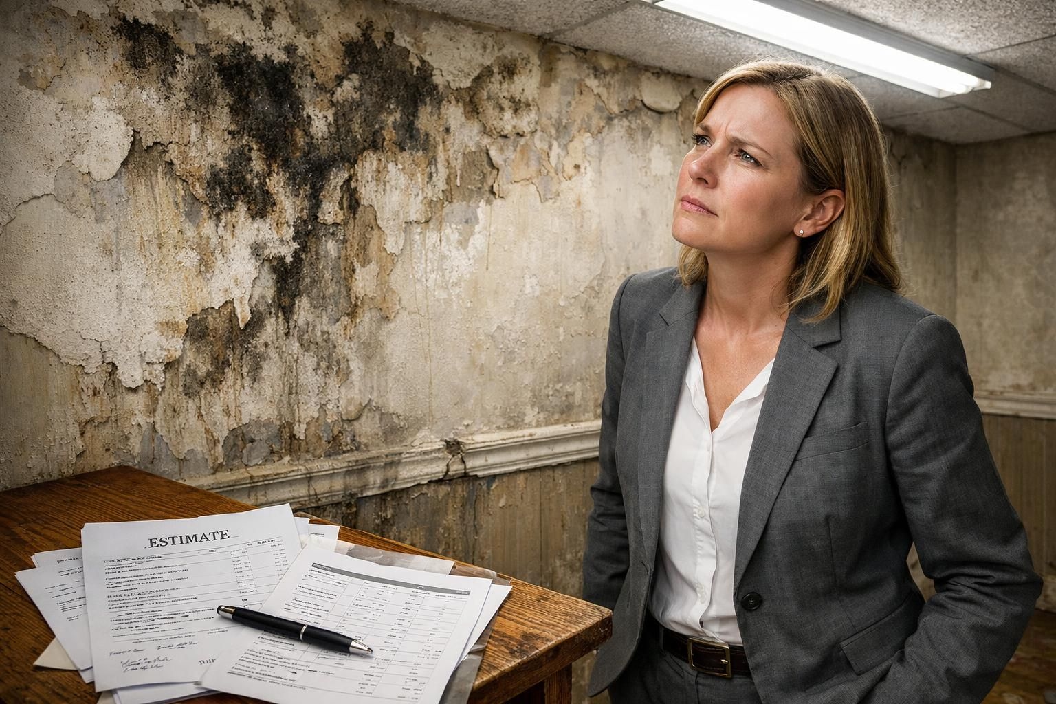 A real estate agent assesses extensive water damage in an aging house.