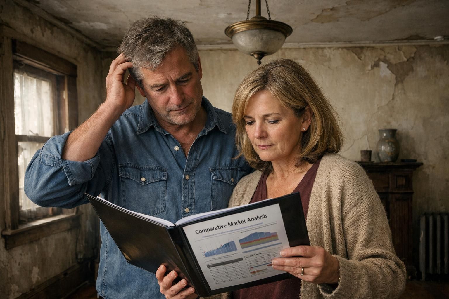 A middle-aged couple reviews documents in their aging home.