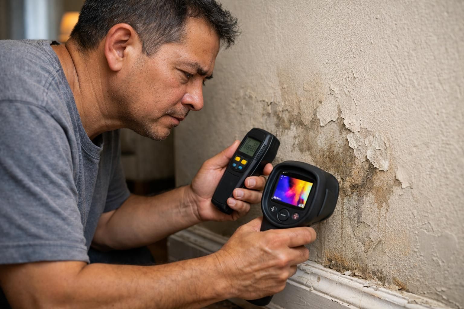 A homeowner inspects a damp wall using a moisture meter and thermal camera.