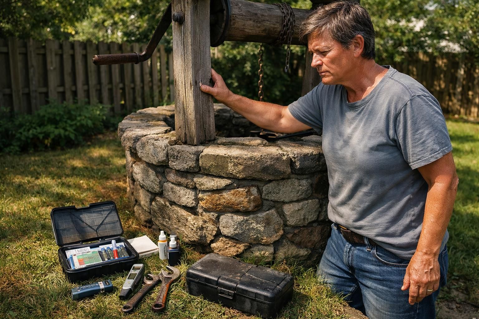 A concerned individual inspects a rustic well in their backyard. A concerned individual inspects a rustic well in their backyard.