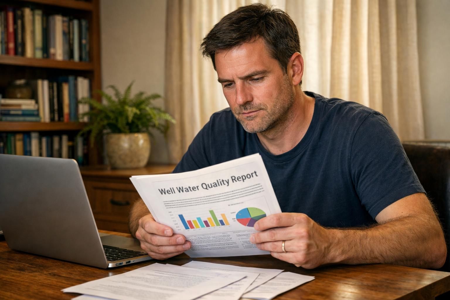 A man studies a well water quality report in his home office. A man studies a well water quality report in his home office.