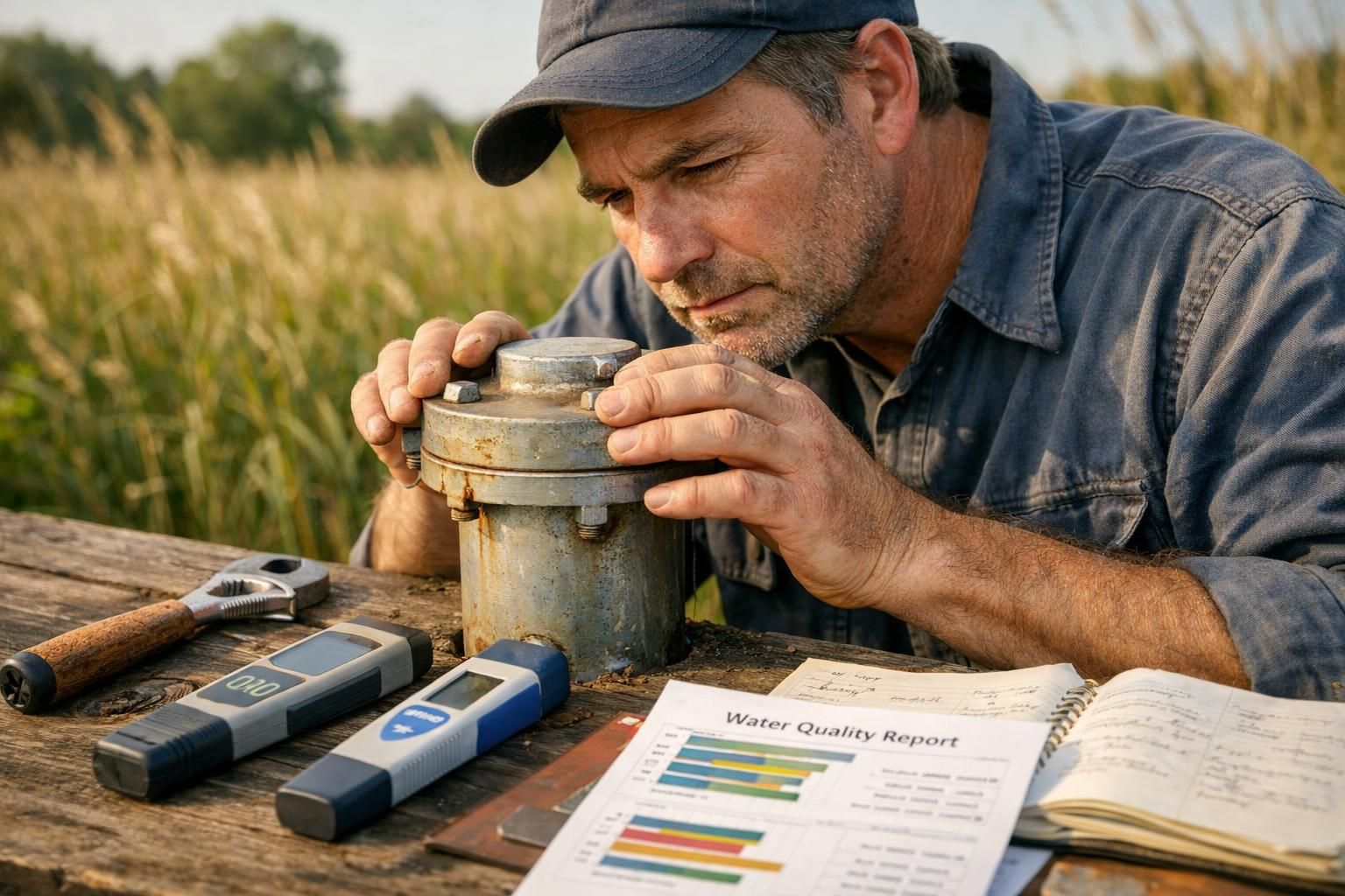 A middle-aged man analyzes a metal wellhead in a rural field. A middle-aged man analyzes a metal wellhead in a rural field.