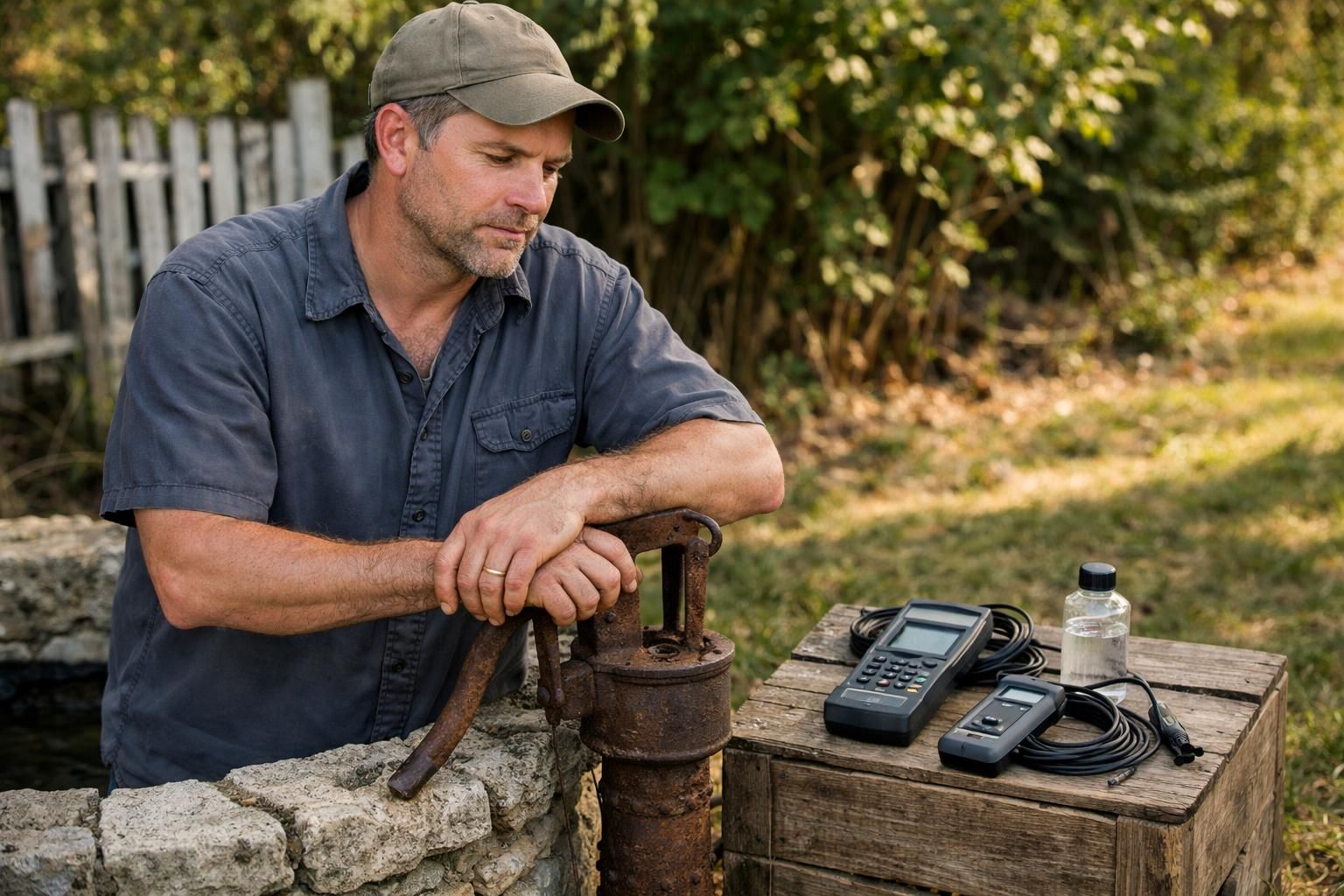 A man tests water quality beside a rustic stone well. A man tests water quality beside a rustic stone well.