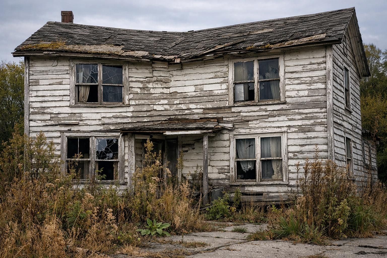 A dilapidated two-story wooden house surrounded by overgrown weeds and decay. A dilapidated two-story wooden house surrounded by overgrown weeds and decay.