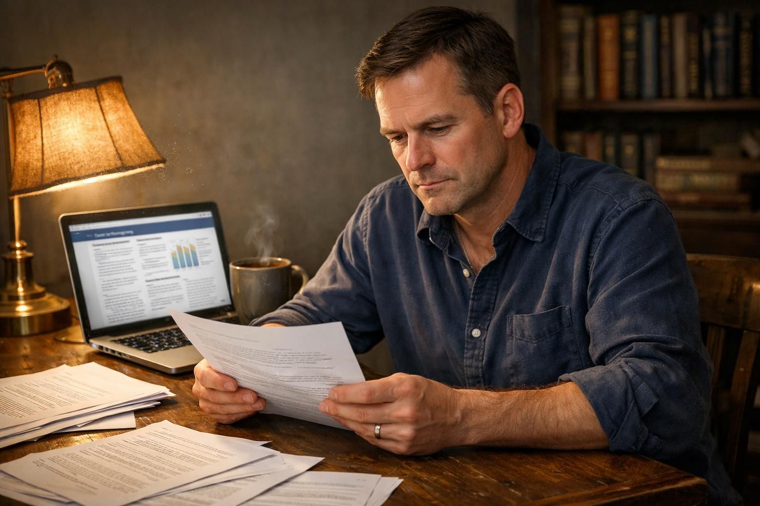 A man focuses intently on estate planning documents at his desk. A man focuses intently on estate planning documents at his desk.