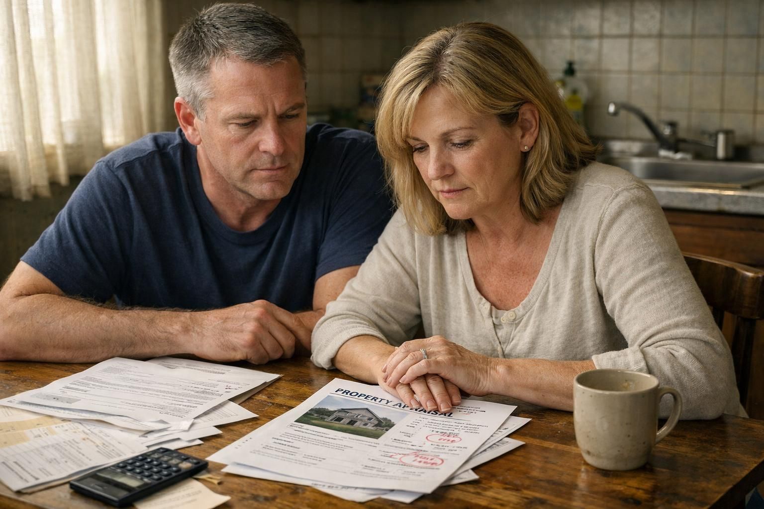 A couple discusses important documents at a cluttered kitchen table. A couple discusses important documents at a cluttered kitchen table.