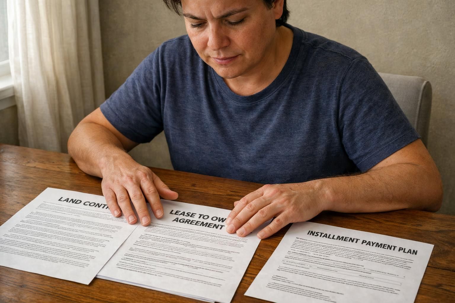 A focused person analyzes legal documents at a wooden desk.