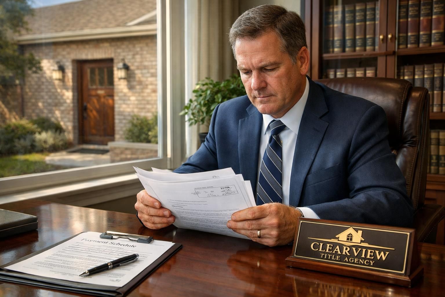 A real estate attorney reviews legal documents at a mahogany desk.