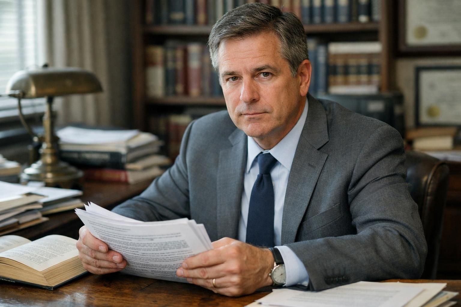 A focused real estate attorney reviews legal contracts at a cluttered desk.