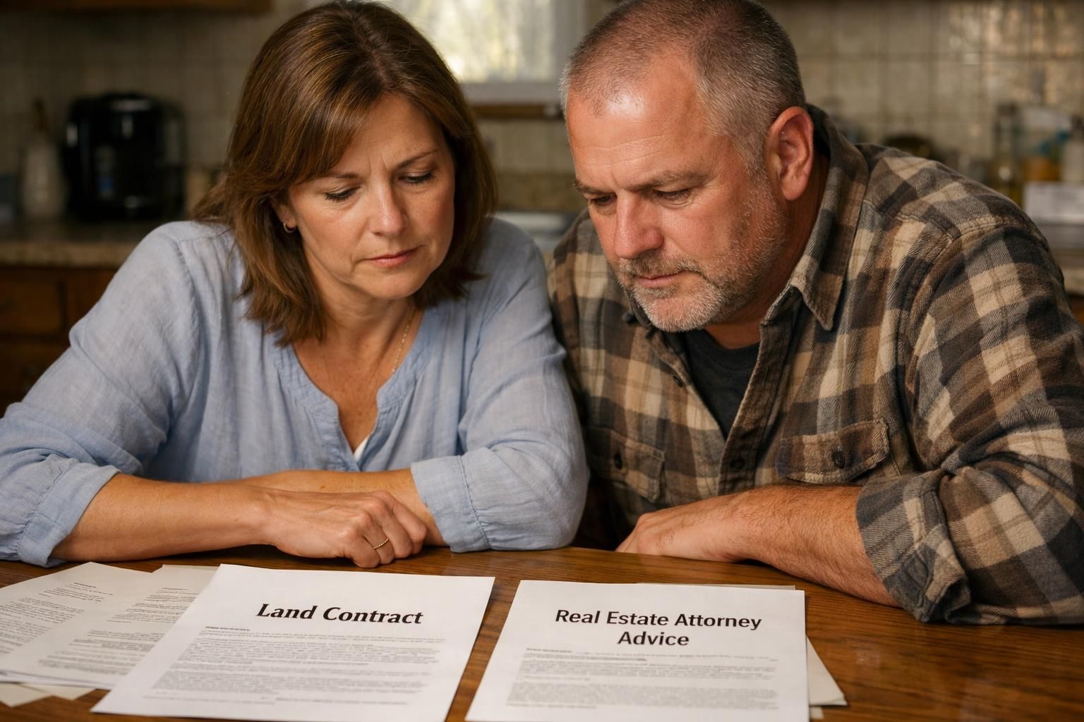 A couple reviews important documents during a discussion at their kitchen table.