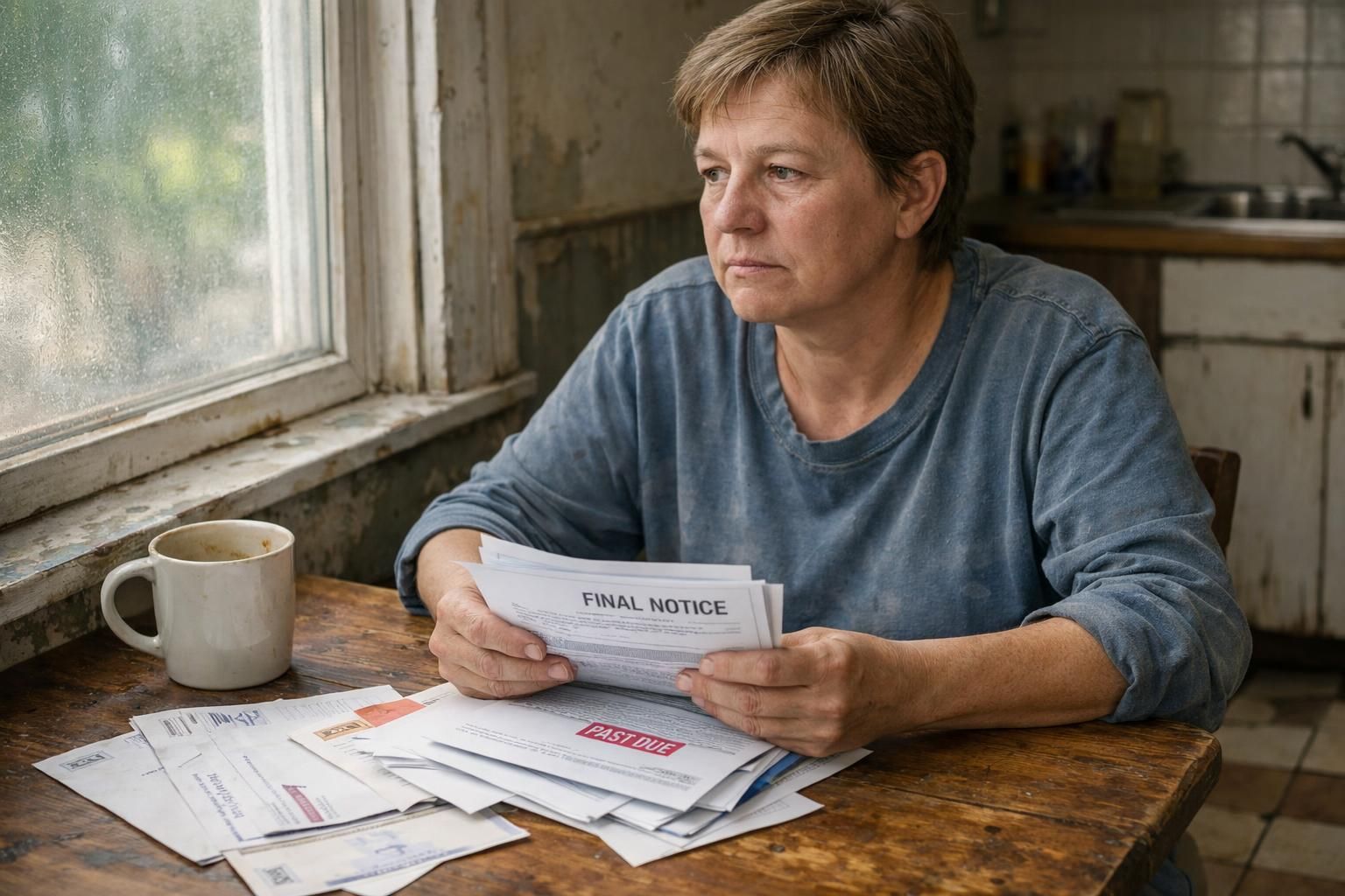 A middle-aged person contemplates unpaid bills at a cluttered kitchen table.