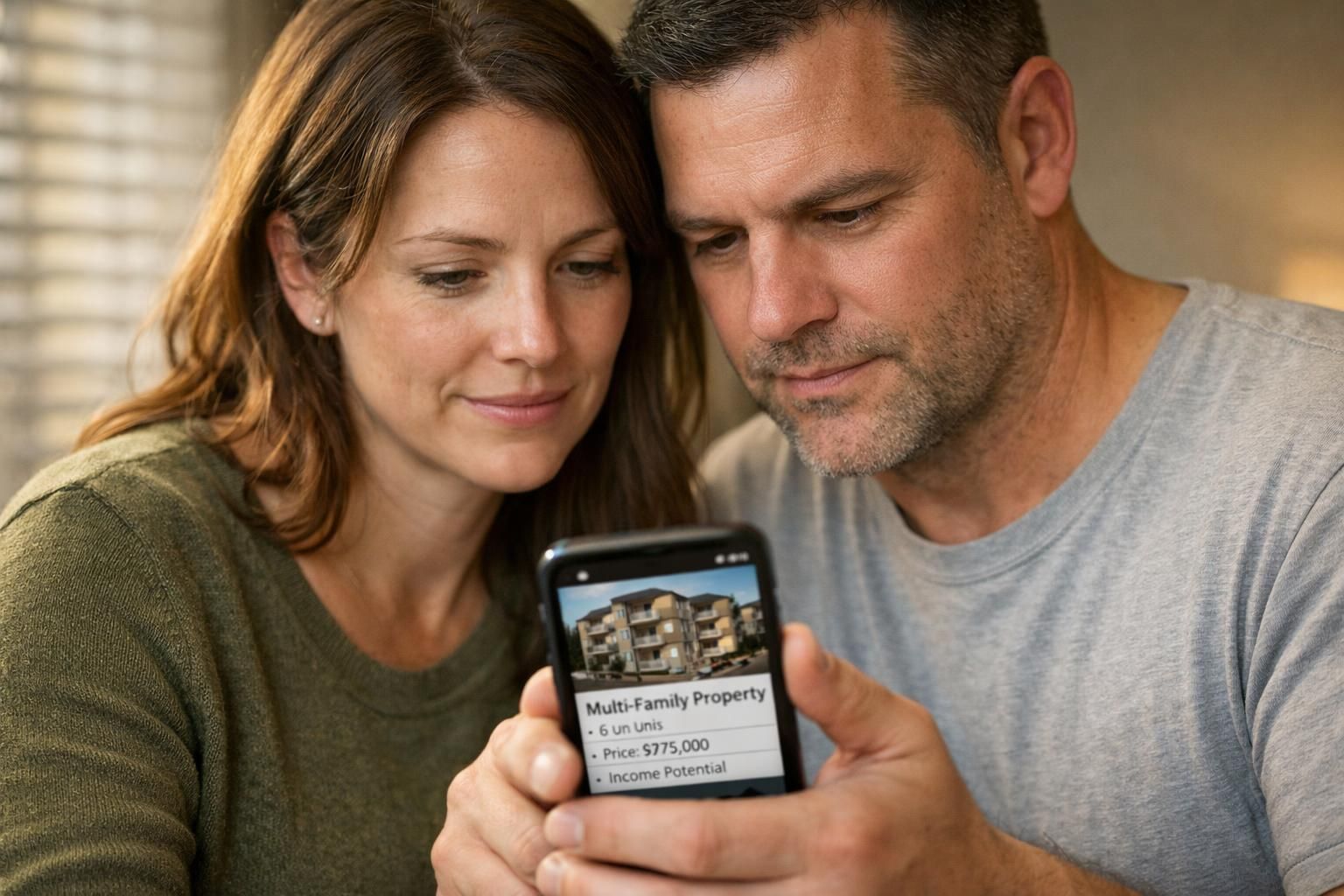A couple examines a smartphone displaying a property listing together.
