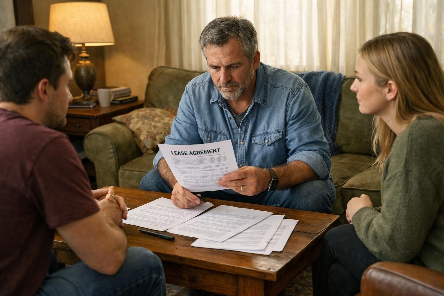 A middle-aged man discusses lease agreements with attentive tenants in a cozy living room.