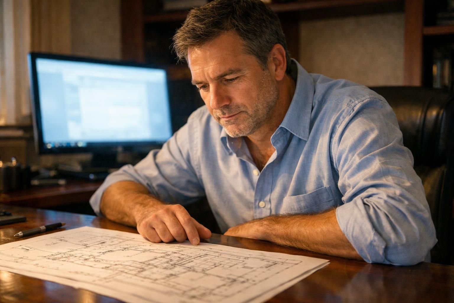 A focused middle-aged man studies blueprints at his desk.