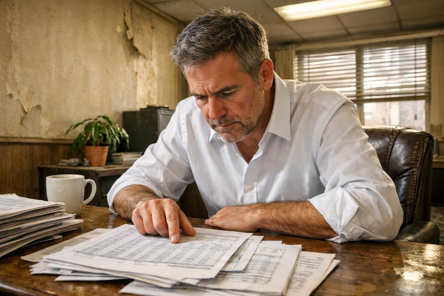 A focused real estate agent reviews documents at a worn desk.