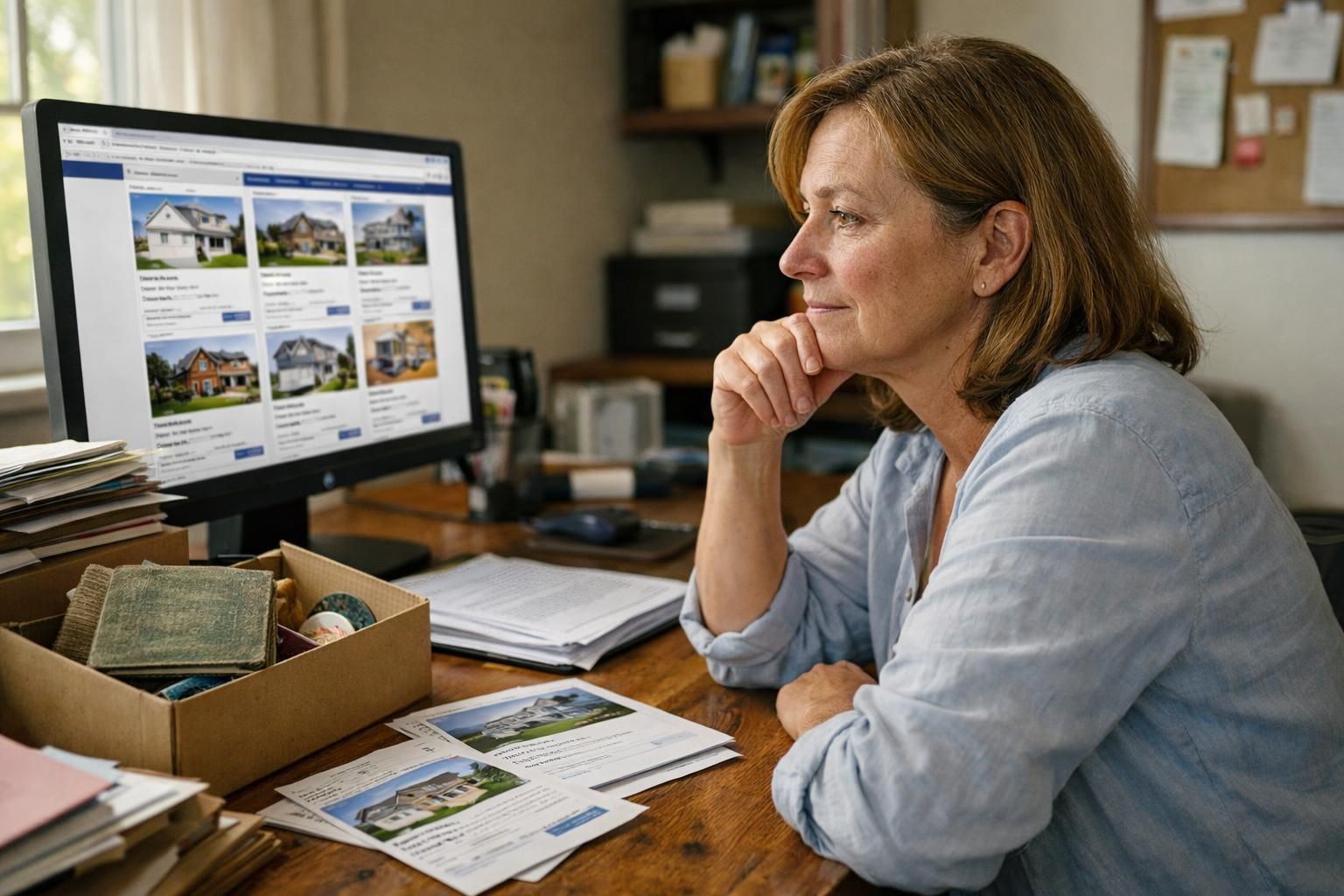 A focused woman reviews real estate listings in her cluttered home office.