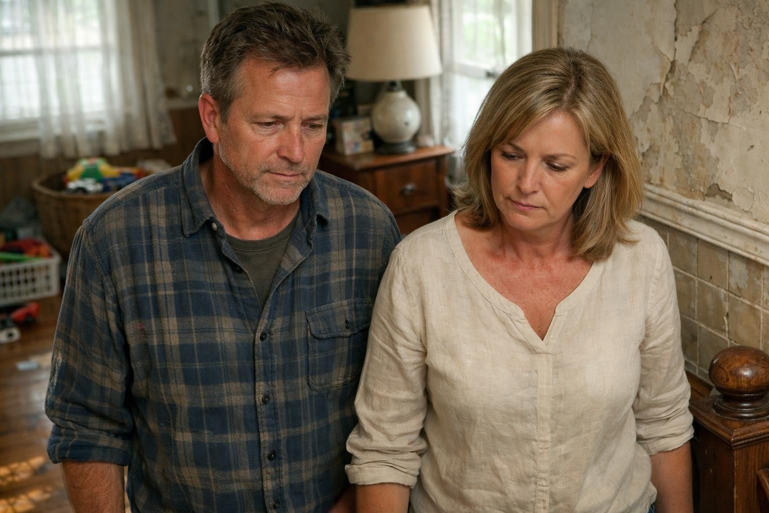 A couple examines the wear and tear in their family home.