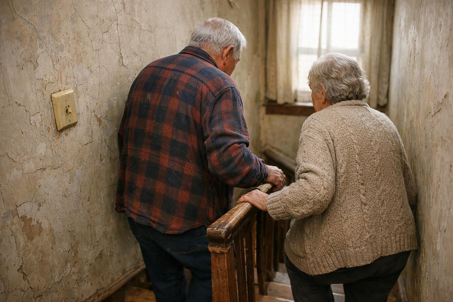 An elderly couple cautiously ascends a worn wooden staircase together.