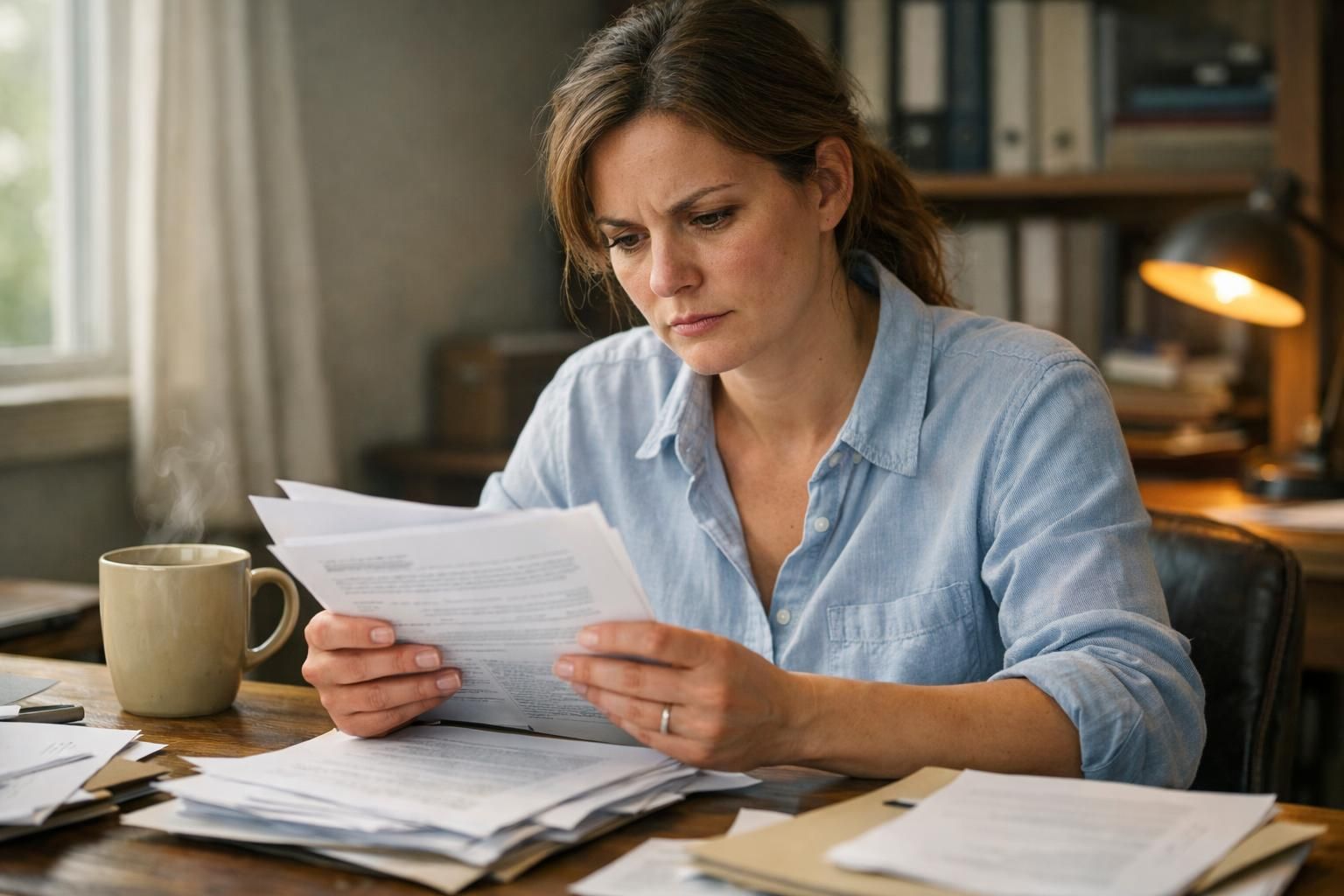 A focused woman reviews documents at a cluttered wooden desk.
