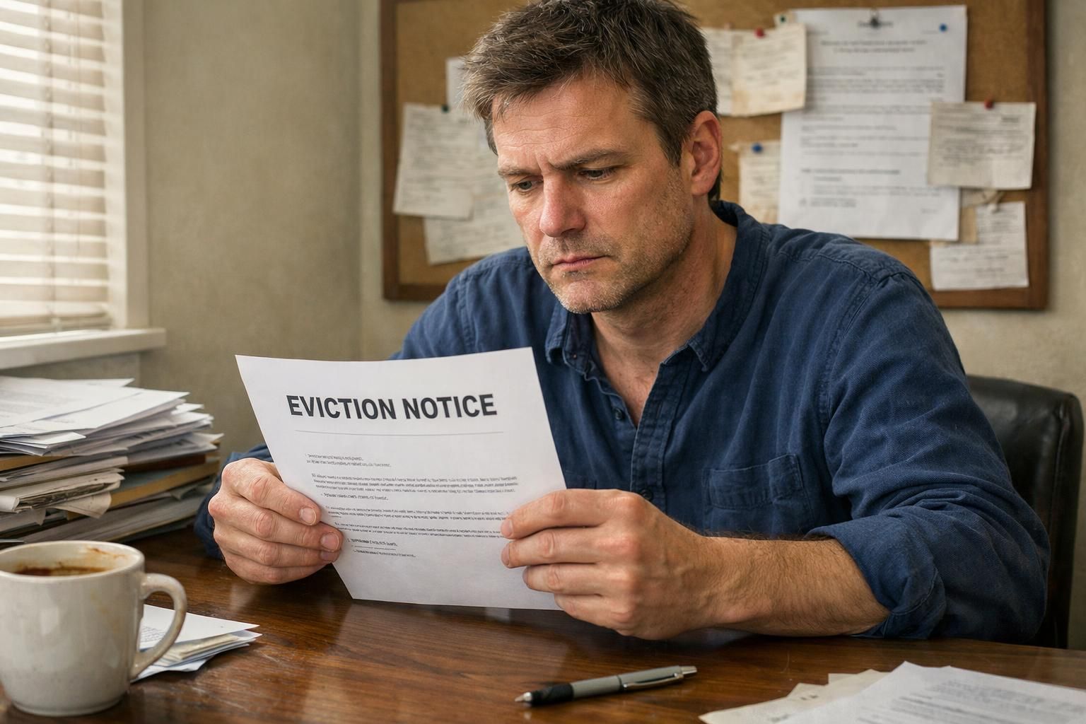 A focused individual reviews an eviction notice in a cluttered home office.