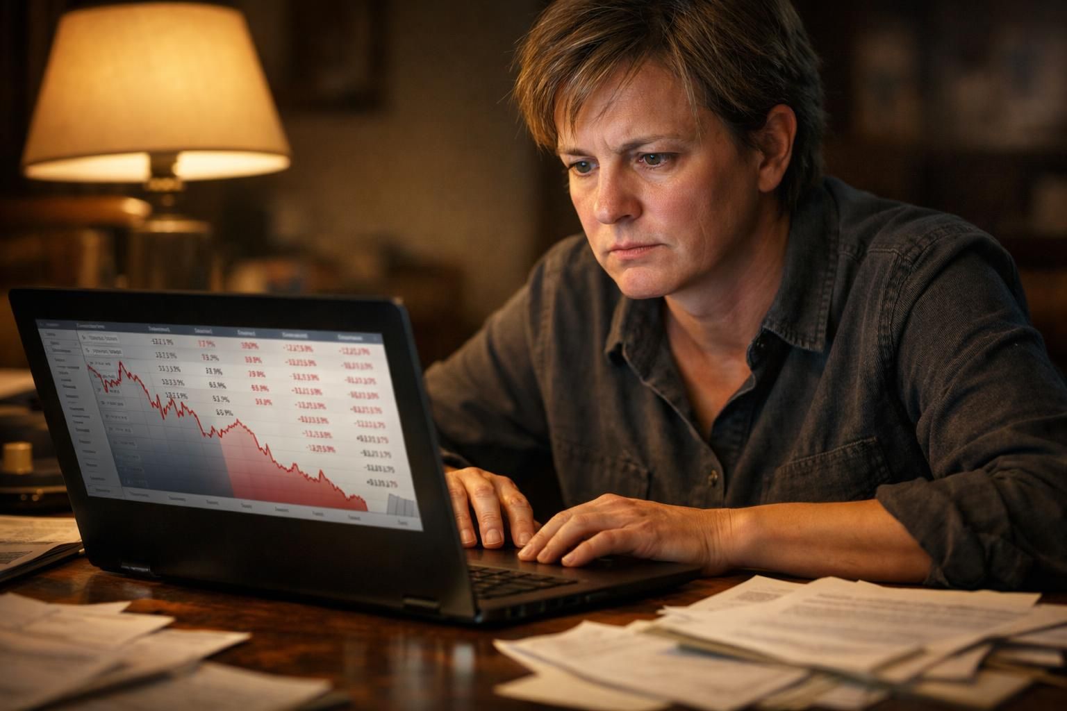 A stressed middle-aged individual analyzes declining financial spreadsheets at a desk.