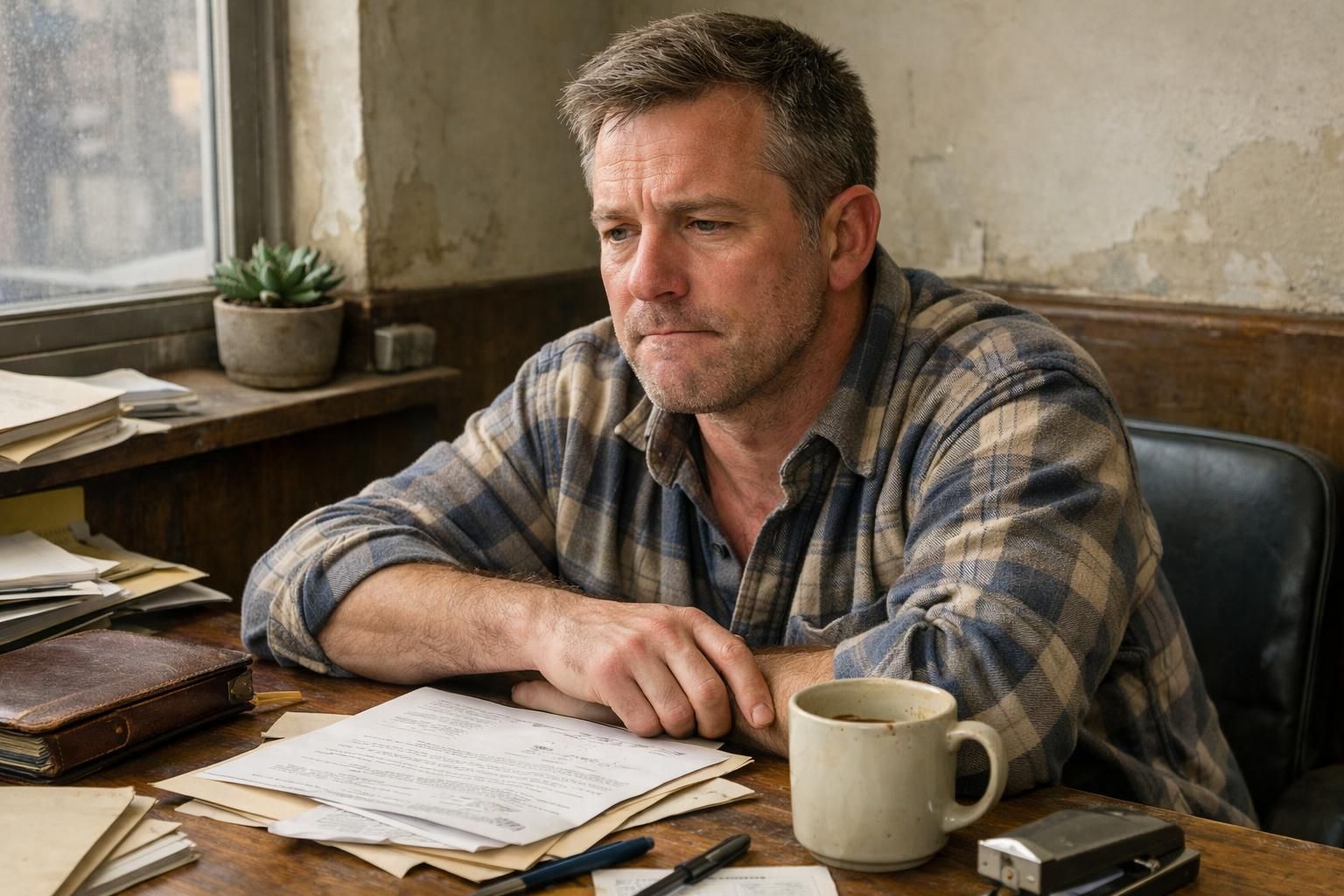 A man sits pensively at a cluttered wooden desk.