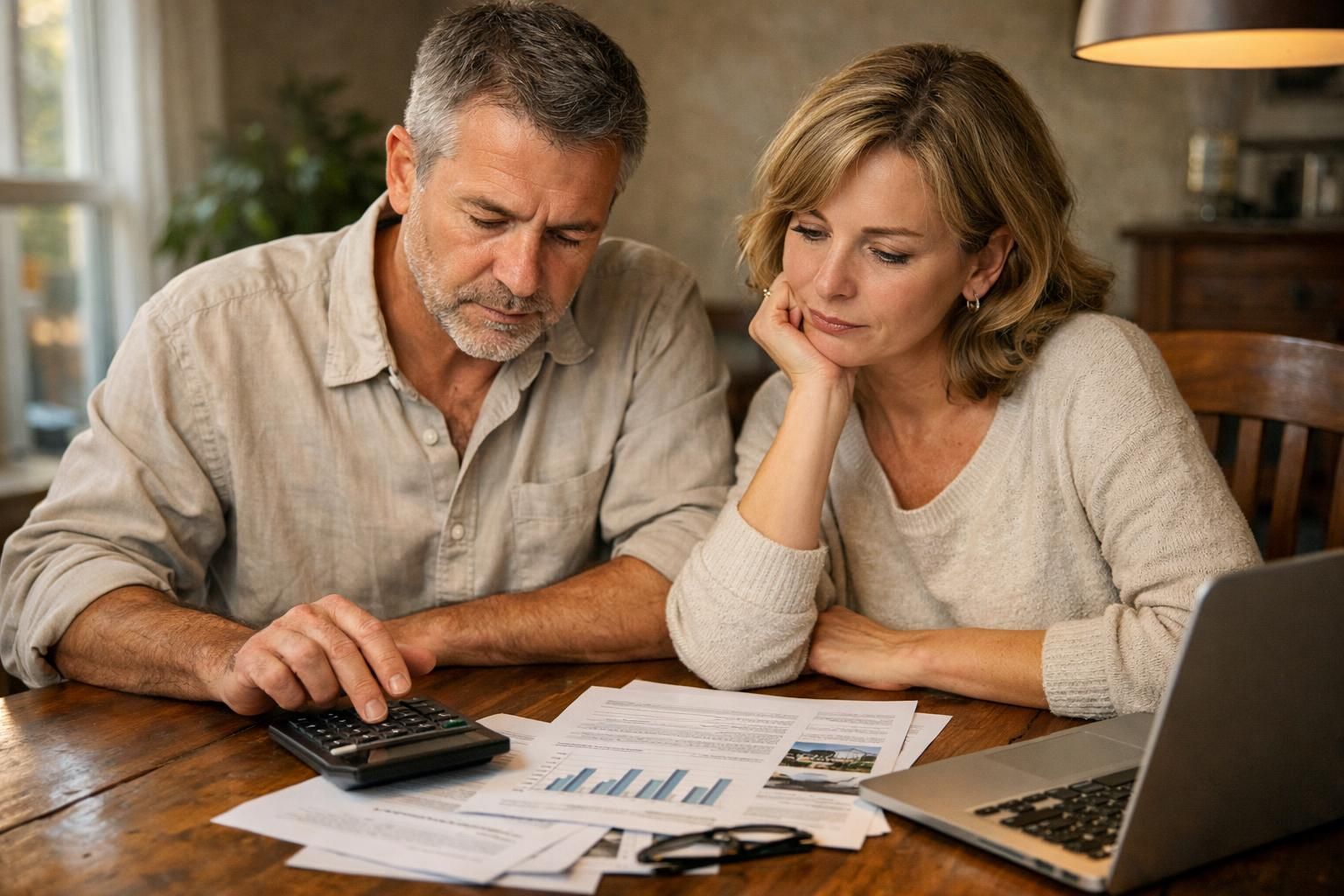 A couple analyzes financial documents and discusses real estate goals.