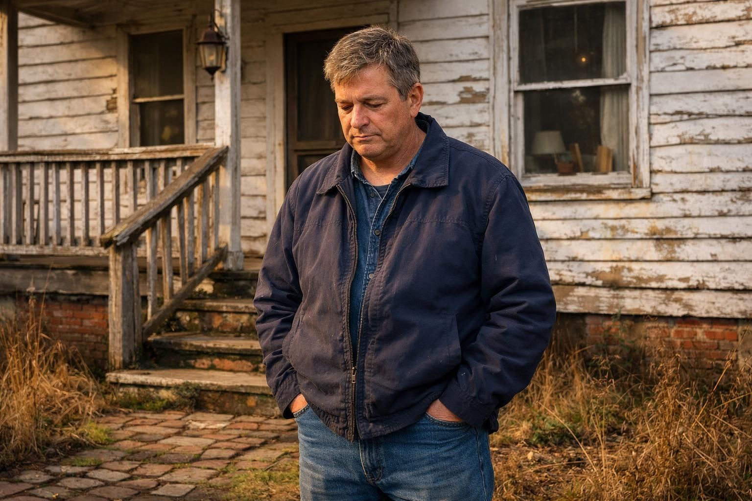A middle-aged landlord stands thoughtfully before a dilapidated house.