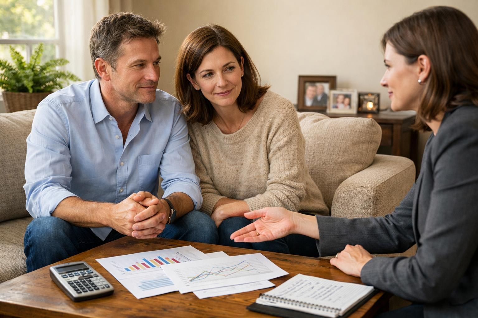 A couple discusses real estate options with their agent in a cozy living room.