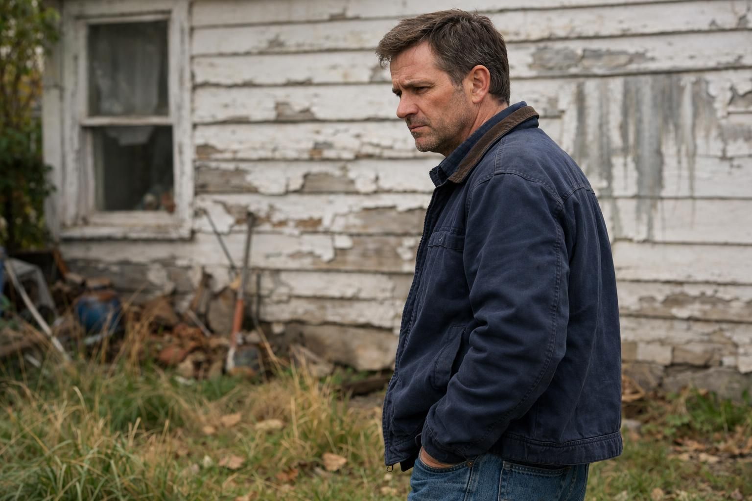 A focused man examines a weathered house and untended yard.