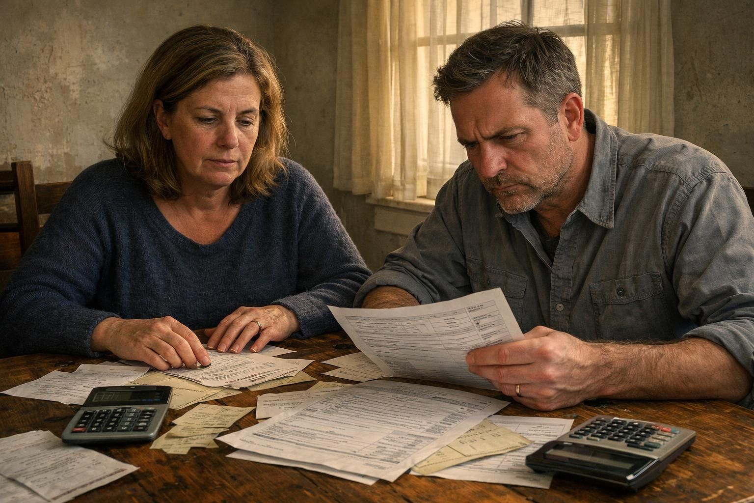 A couple struggles with tax forms at a cluttered dining table.