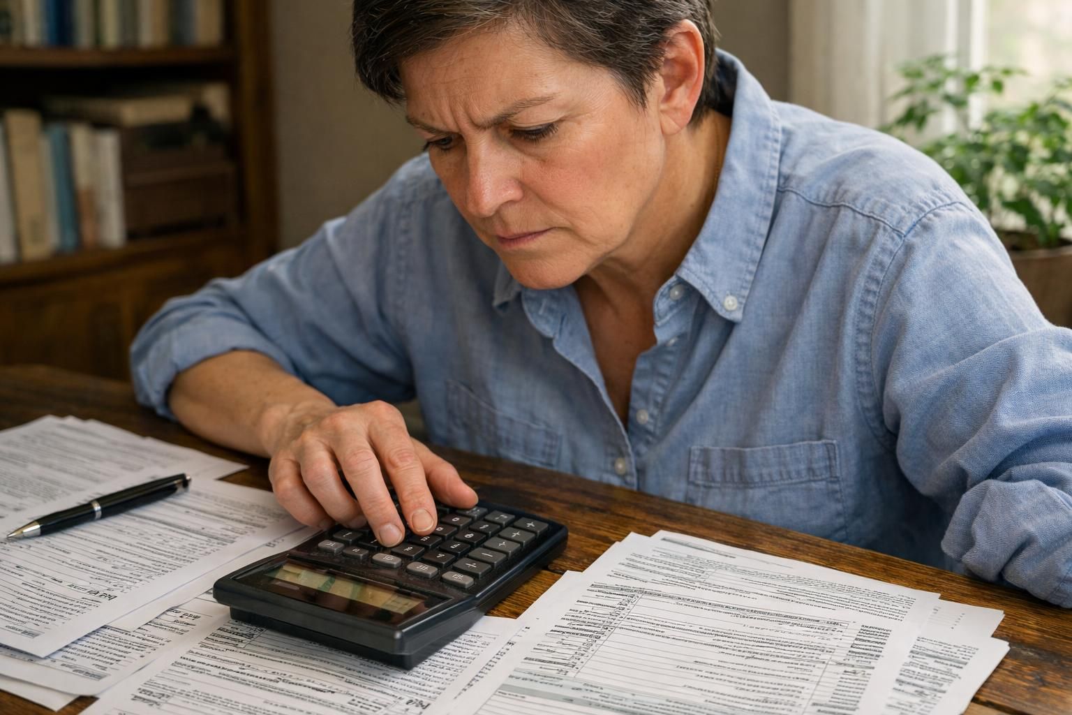 A middle-aged individual intensely reviews tax forms at a wooden desk. A middle-aged individual intensely reviews tax forms at a wooden desk.