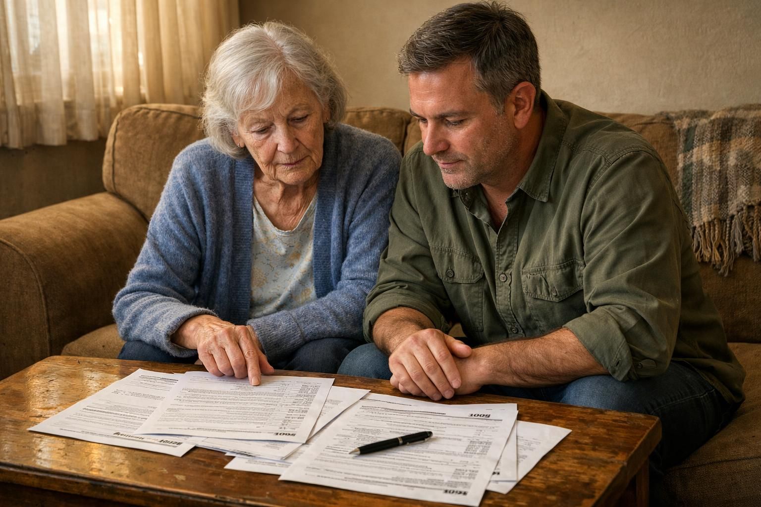 An elderly woman and middle-aged man review tax documents together. An elderly woman and middle-aged man review tax documents together.