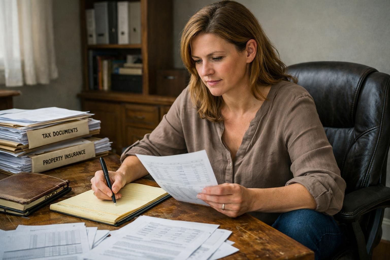 A woman focuses intently on tax documents in her home office. A woman focuses intently on tax documents in her home office.