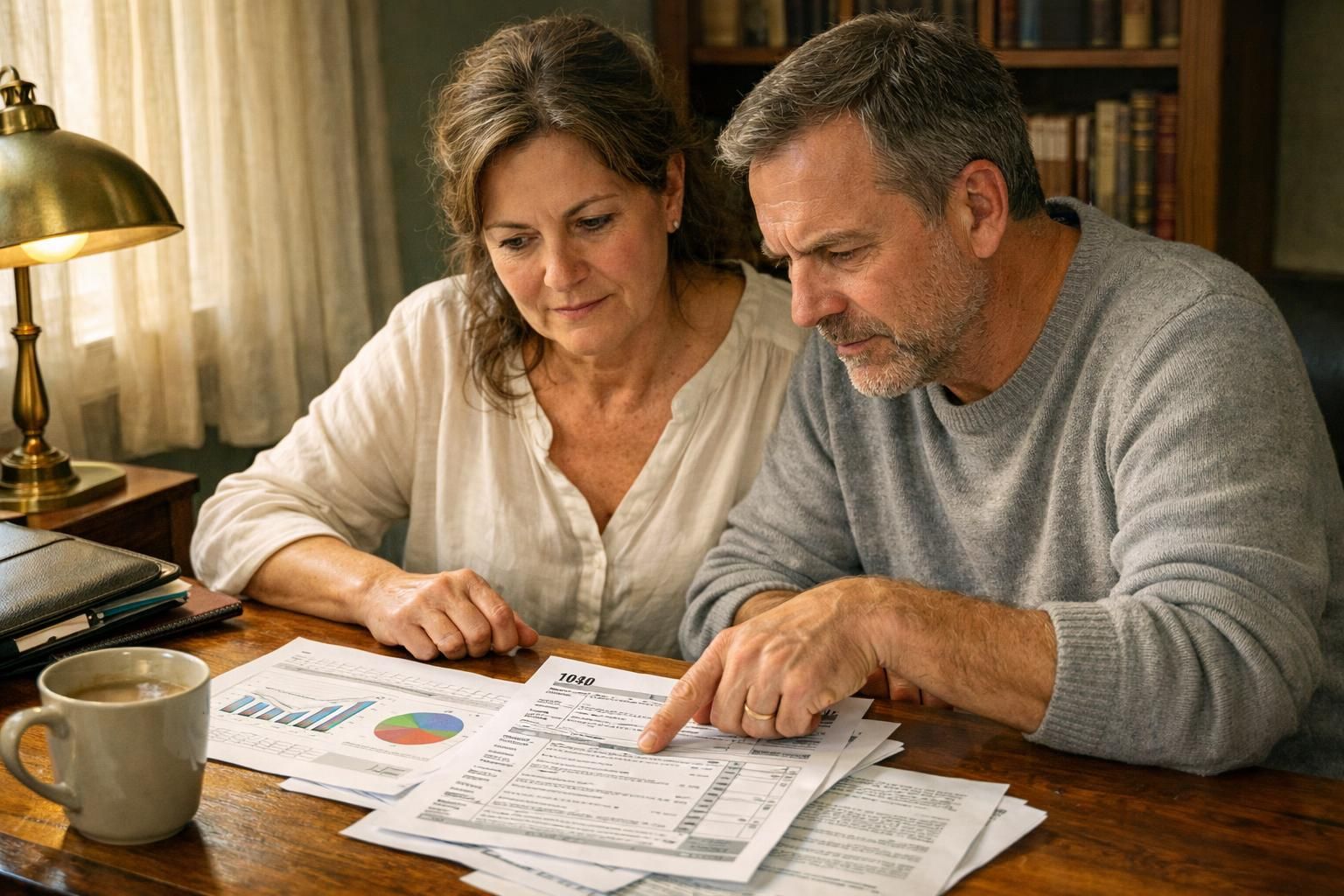 A couple discusses financial documents at a home office desk. A couple discusses financial documents at a home office desk.