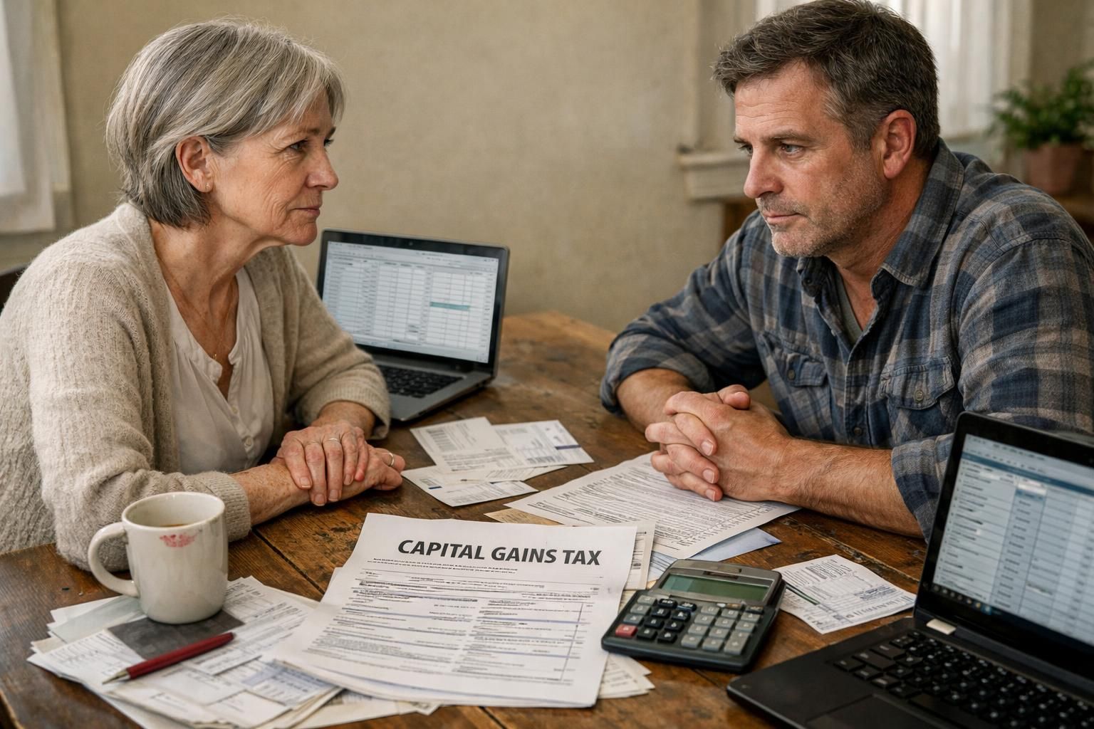 An older woman and middle-aged man discuss capital gains tax over papers. An older woman and middle-aged man discuss capital gains tax over papers.