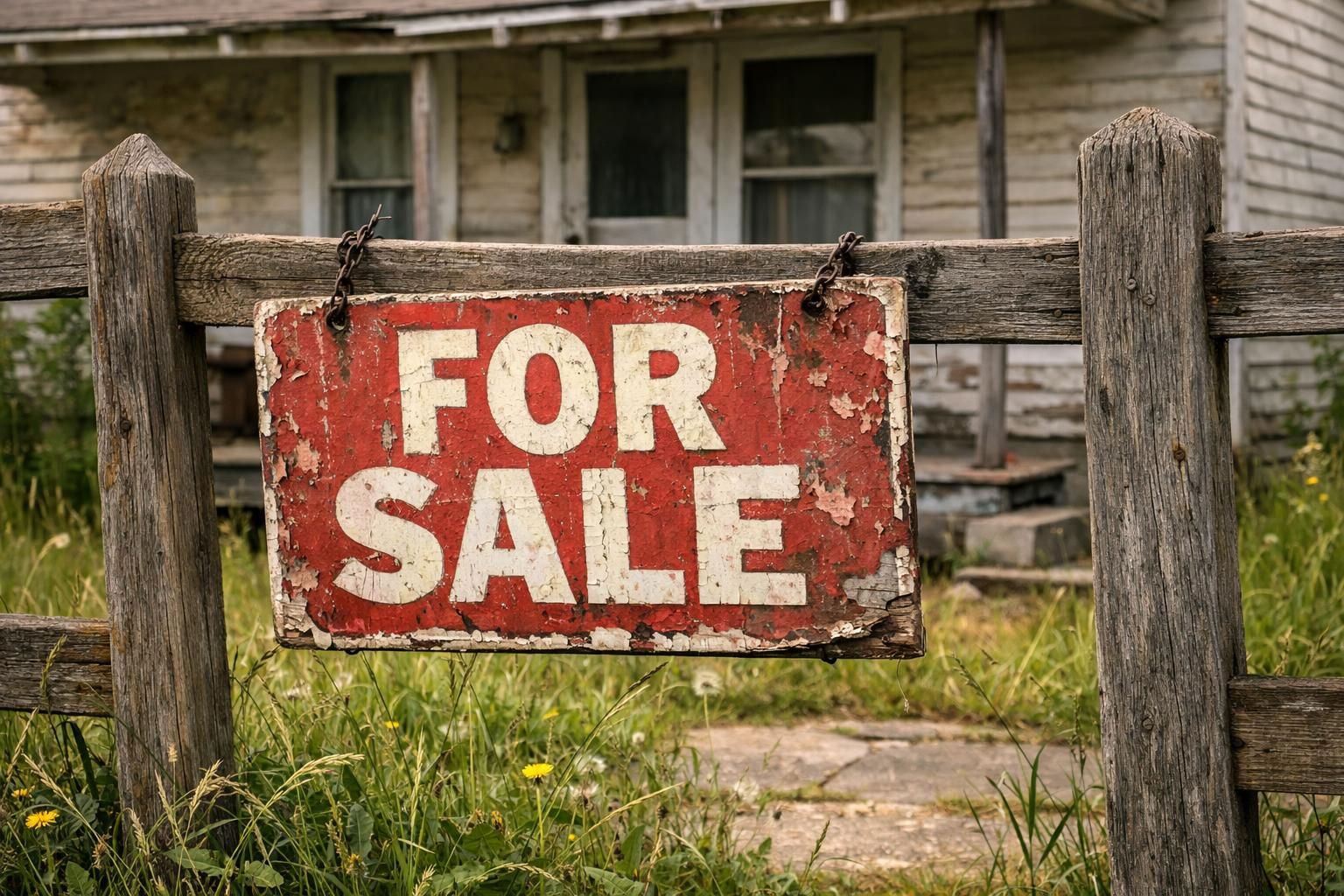 Neglected rental property with a weathered 'For Sale' sign and overgrown yard.