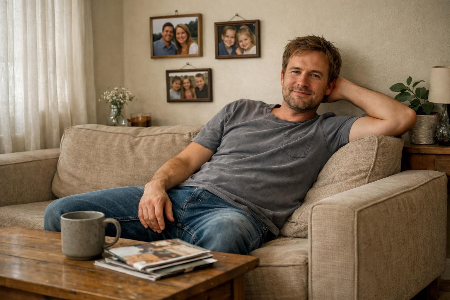 A cozy living room with a relaxed person on a sofa.