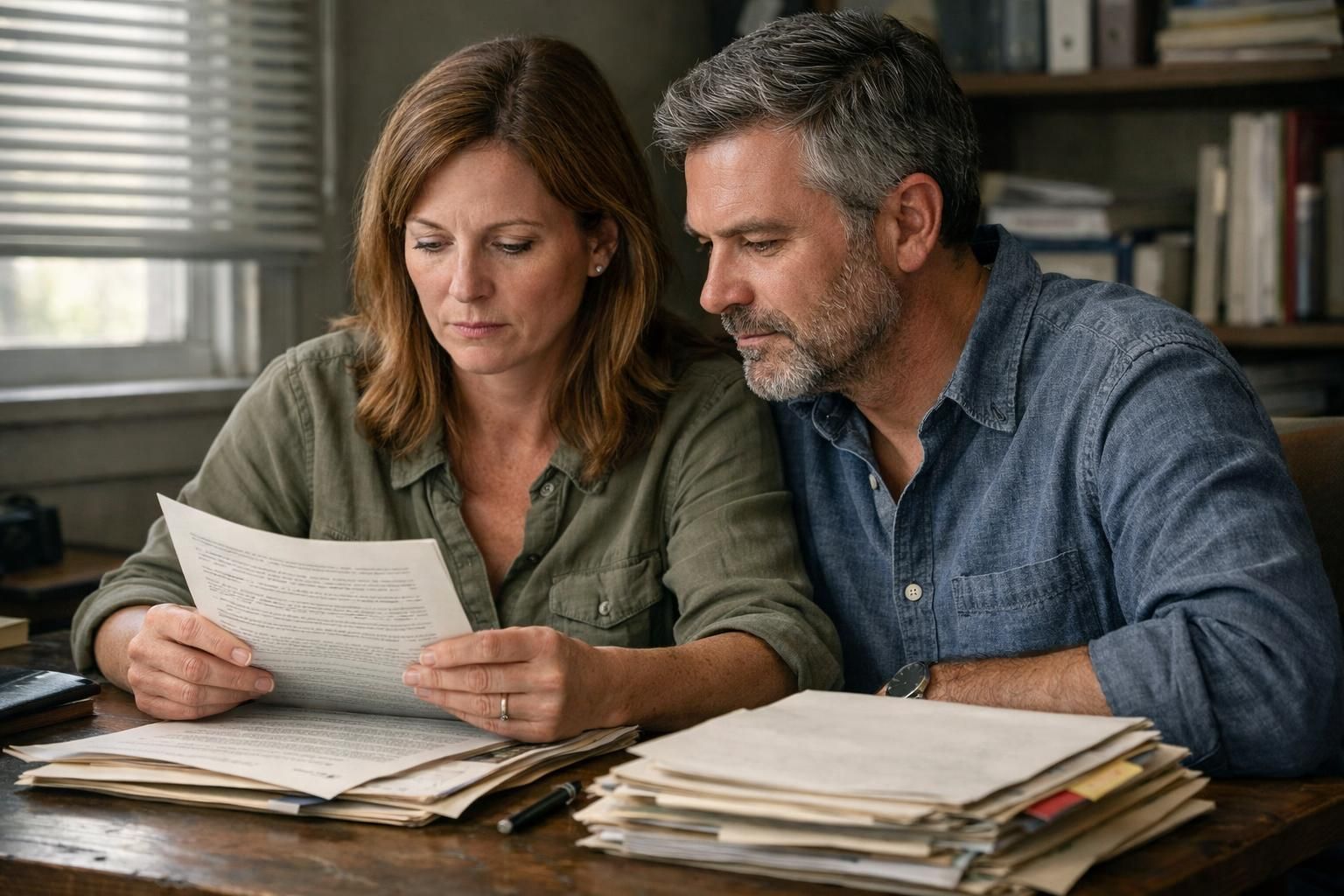 A focused man and woman review legal documents at a cluttered desk.