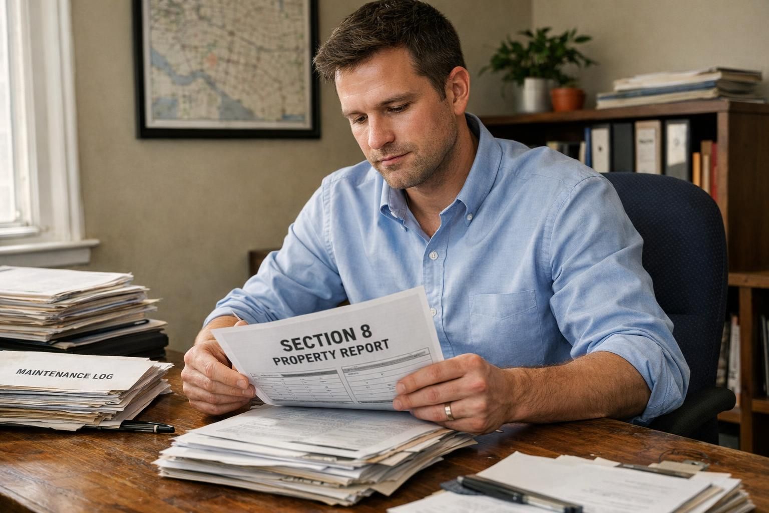 A focused real estate agent reviews property records at a cluttered desk. A focused real estate agent reviews property records at a cluttered desk.