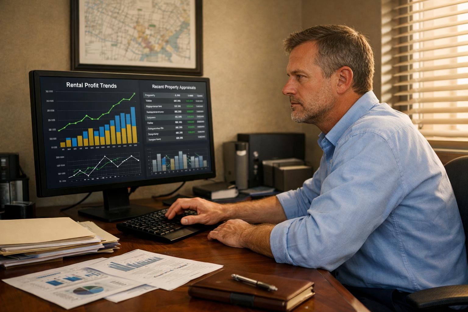 A property manager analyzes data on rental profits and appraisals. A property manager analyzes data on rental profits and appraisals.