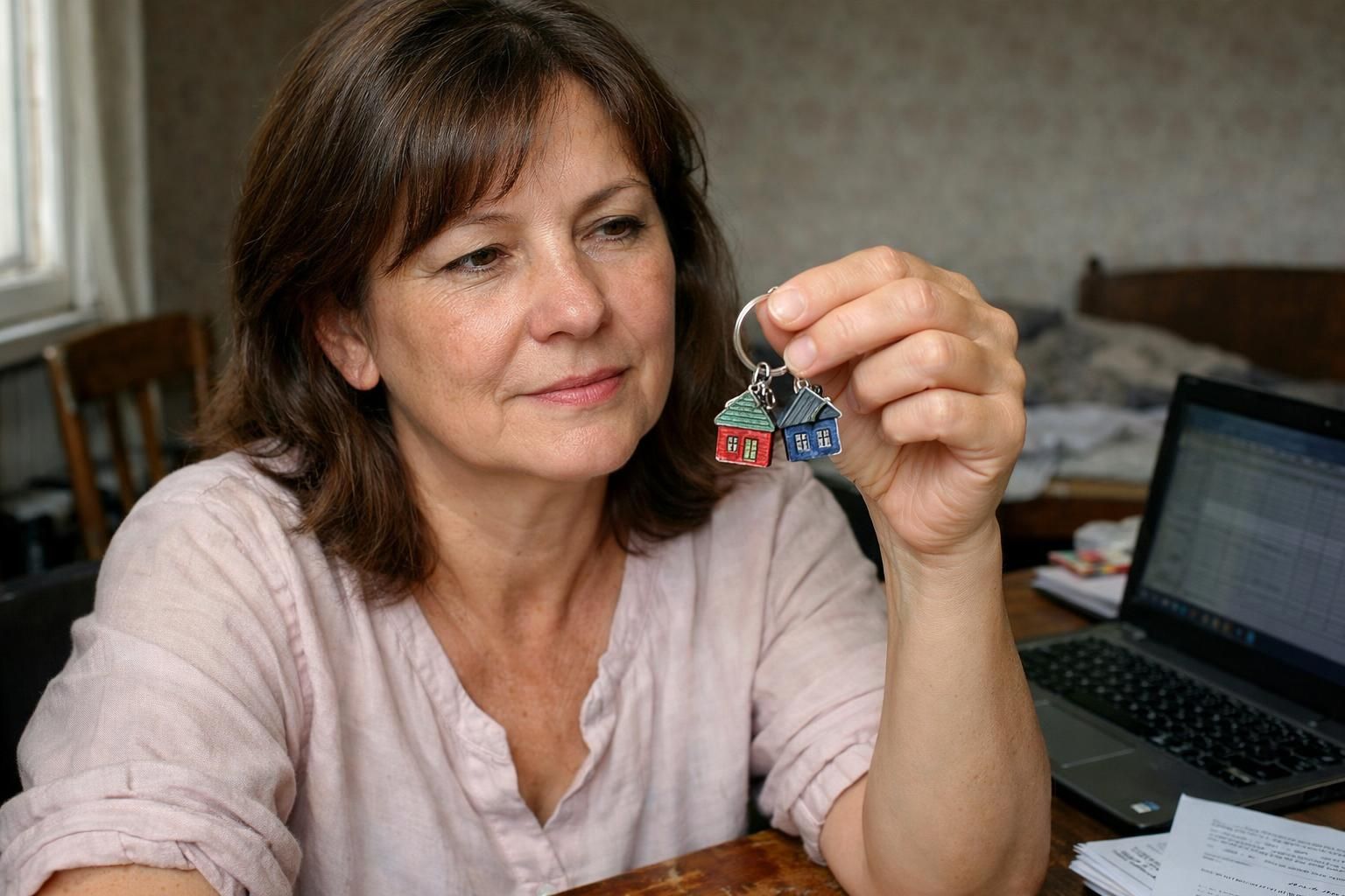A woman examines keychain charms at a cluttered desk. A woman examines keychain charms at a cluttered desk.