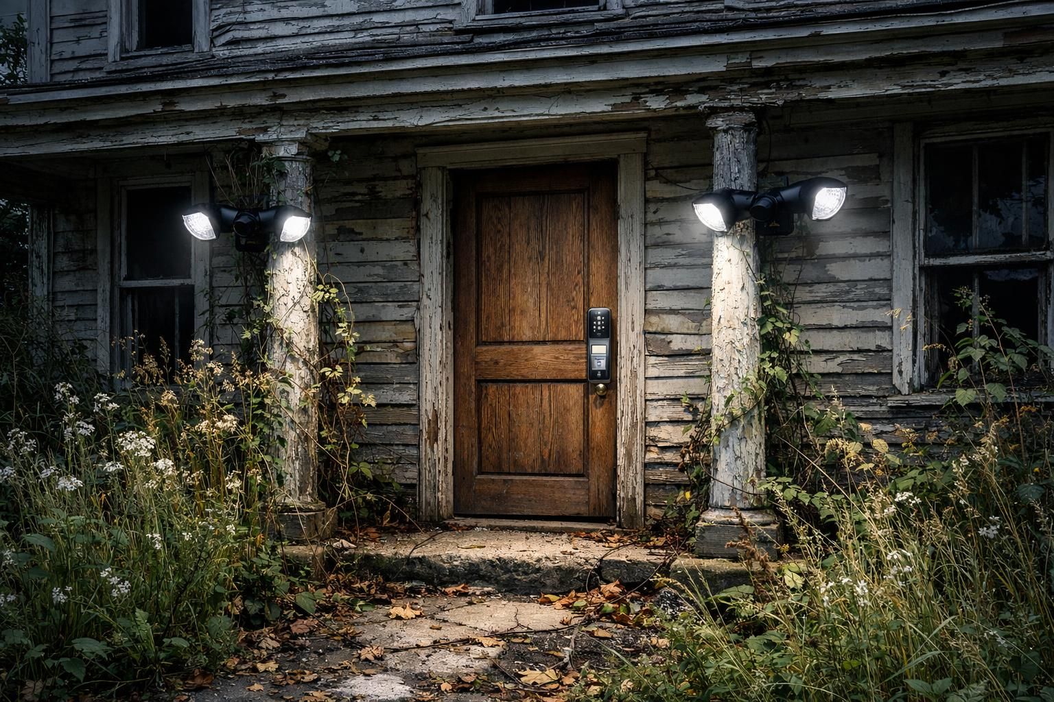 Abandoned house surrounded by overgrown grass and modern security features. Abandoned house surrounded by overgrown grass and modern security features.