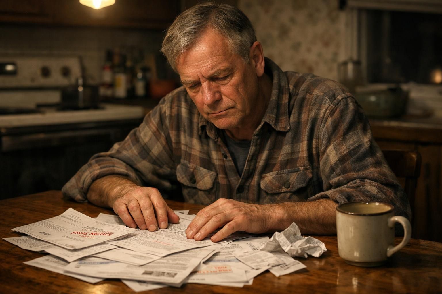 A worried older man examines bills at a cluttered kitchen table. A worried older man examines bills at a cluttered kitchen table.