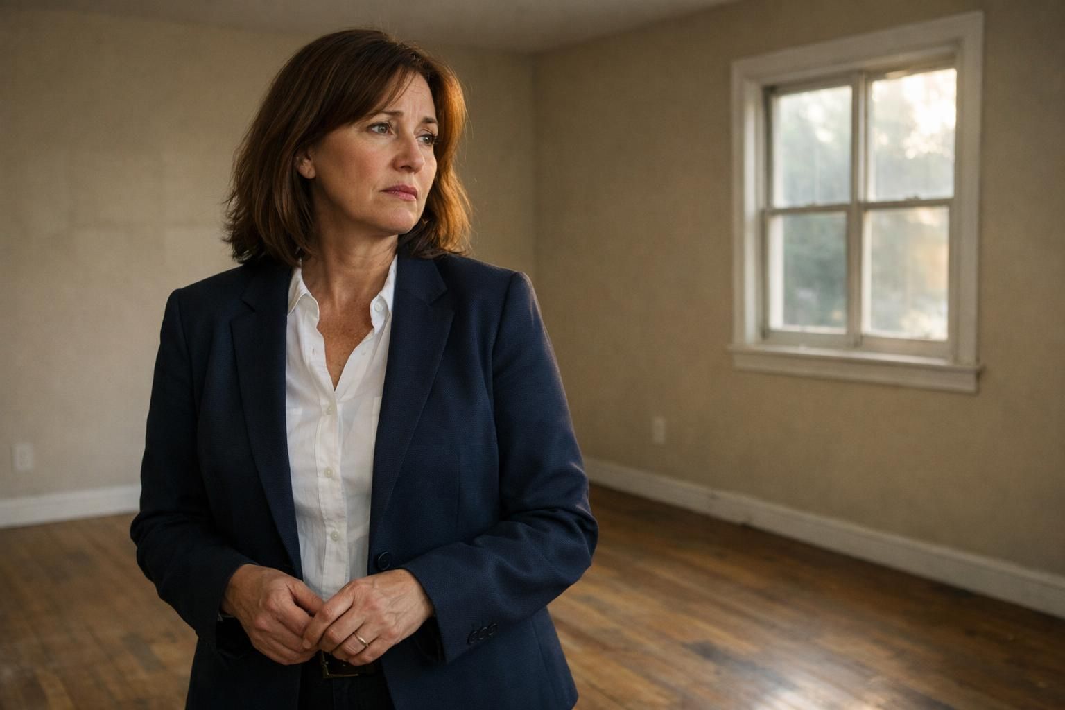 A poised woman stands in an empty living room, reflecting uncertainty. A poised woman stands in an empty living room, reflecting uncertainty.