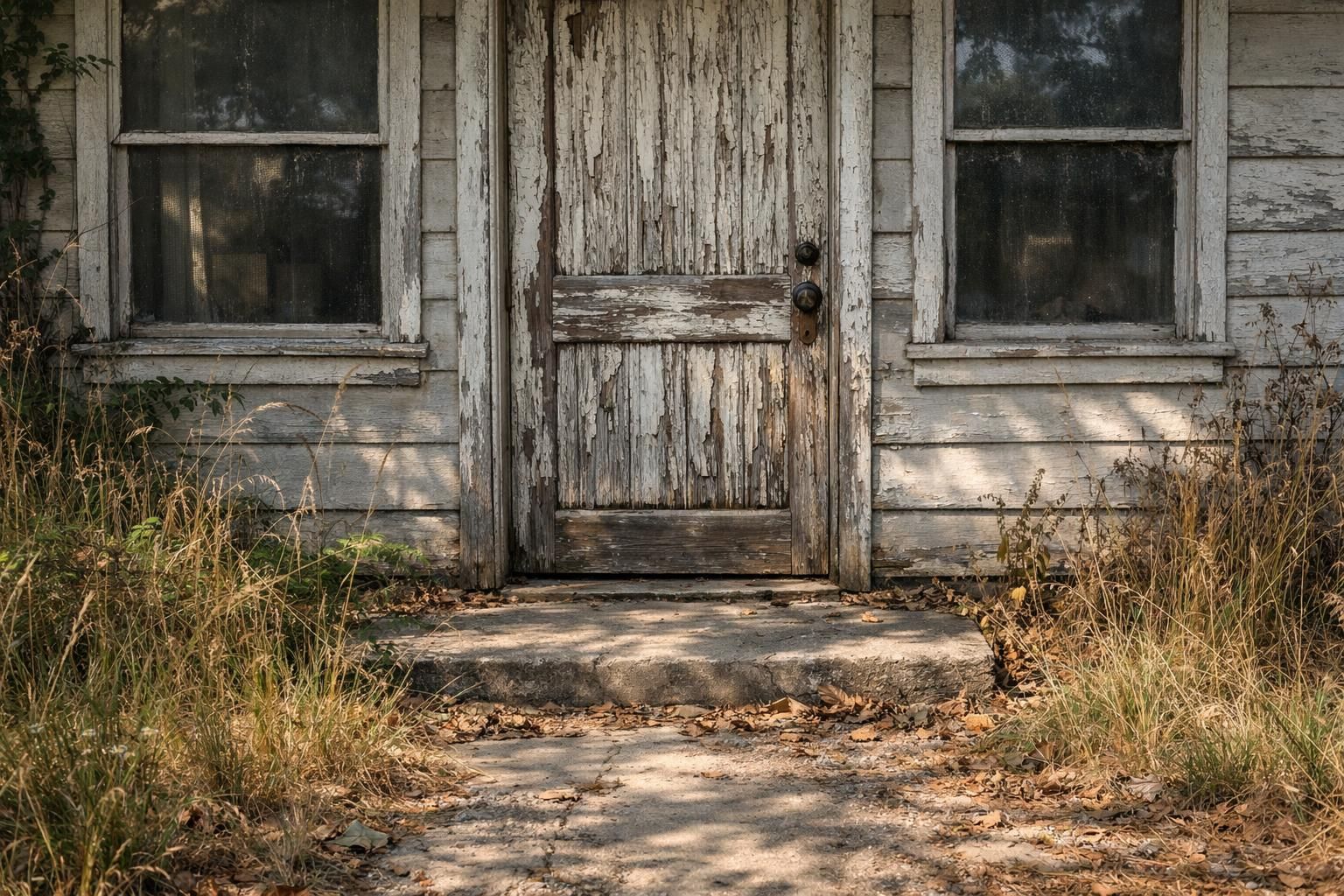 A neglected, vacant house surrounded by an overgrown yard. A neglected, vacant house surrounded by an overgrown yard.
