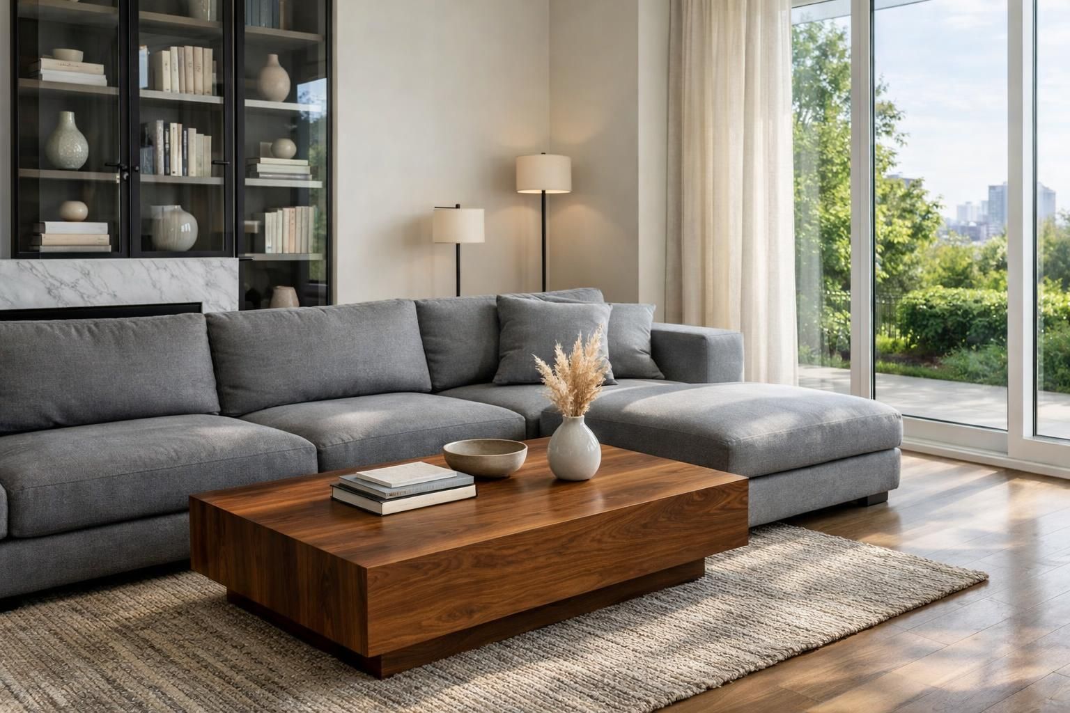A modern living room featuring stylish furniture and curated decor.