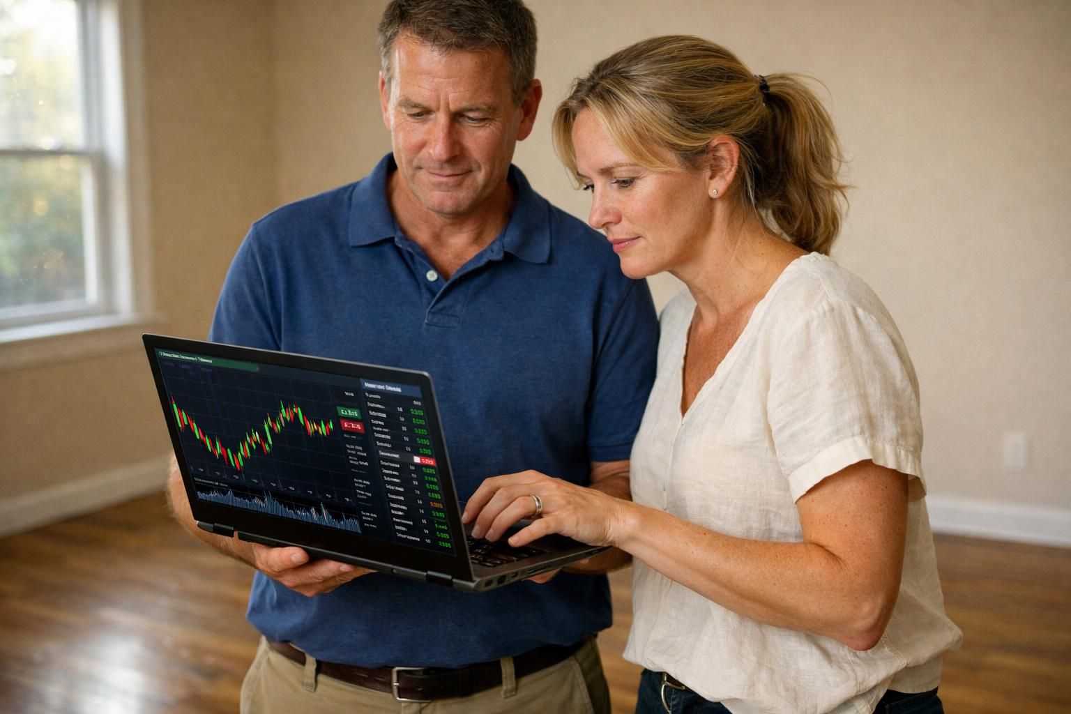 A focused couple reviews investment data in an empty property.