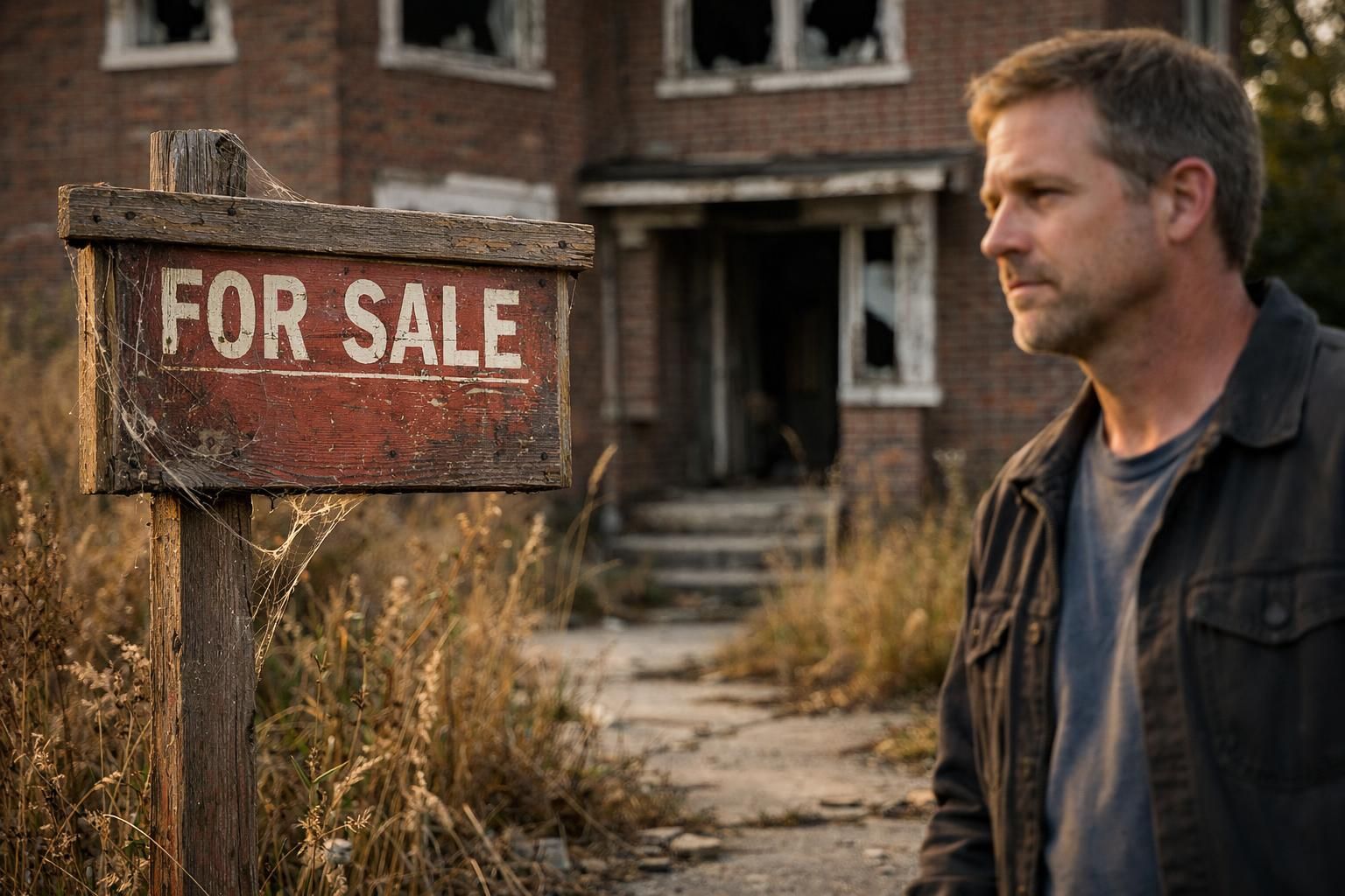 A man reflects on a neglected, vacant investment property for sale.